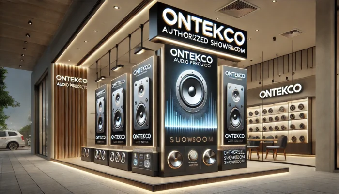 DALL·E 2025 03 05 17.56.05 A professional and modern authorized showroom signboard for ONTEKCO audio products. The signboard prominently displays the ONTEKCO logo with bold and