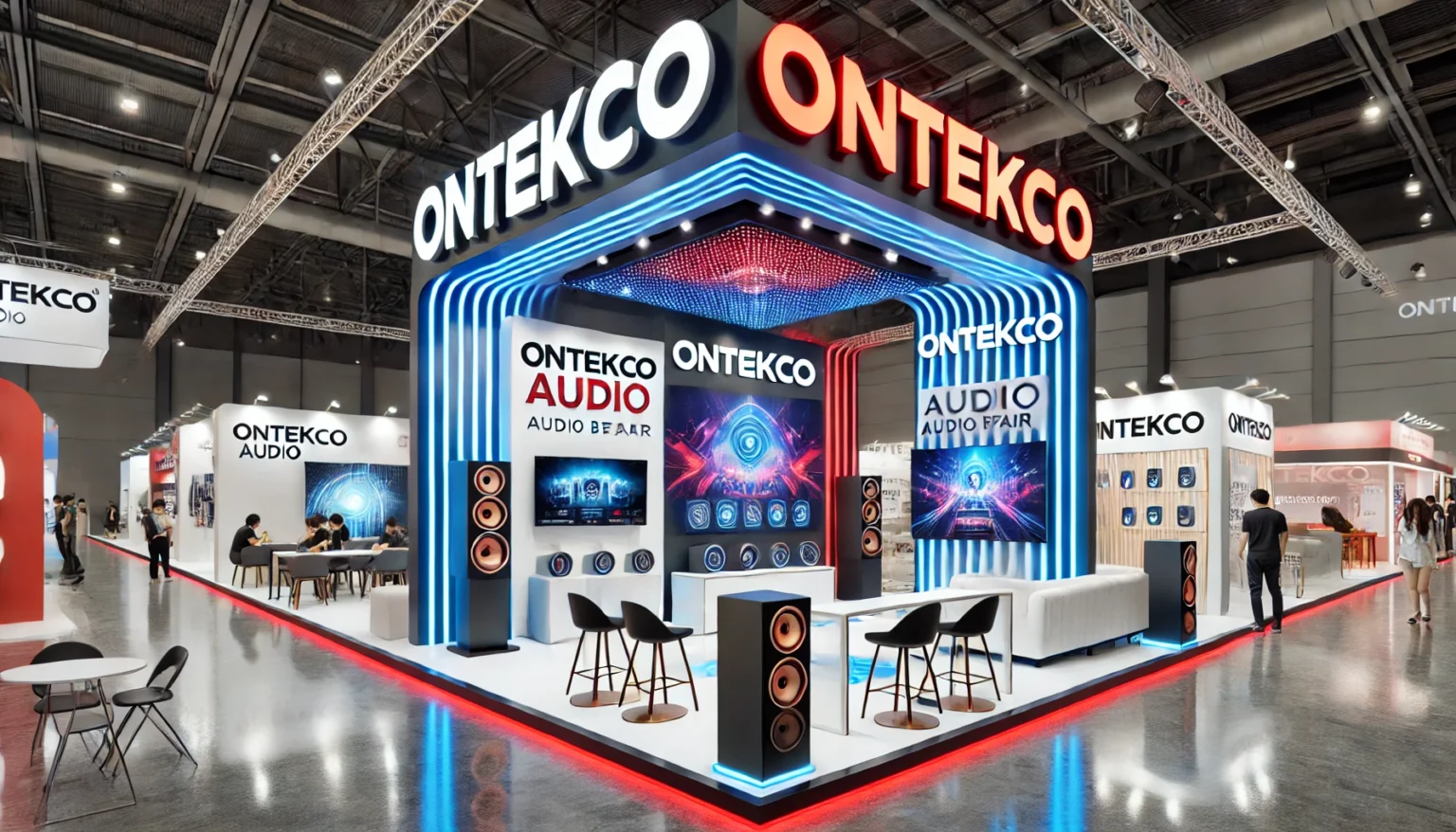 DALL·E 2025 03 05 18.11.06 A modern and vibrant exhibition booth for ONTEKCO audio brand at a trade fair. The booth features a sleek design with blue and red theme prominently