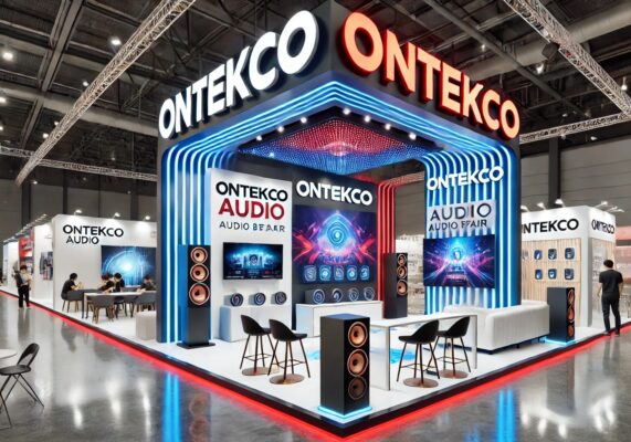 DALL·E 2025 03 05 18.11.06 A modern and vibrant exhibition booth for ONTEKCO audio brand at a trade fair. The booth features a sleek design with blue and red theme prominently