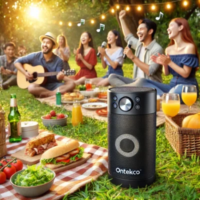 DALL·E 2025 03 06 14.30.42 A lively outdoor picnic scene where a group of friends is enjoying karaoke using an ONTEKCO portable speaker. The setting is a lush green park with a
