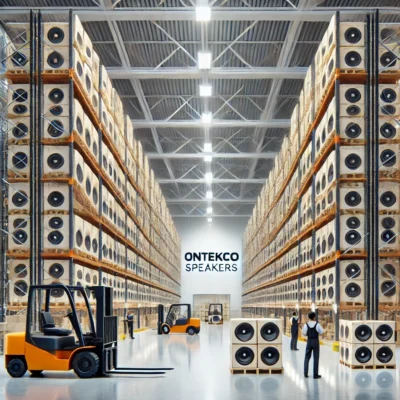 DALL·E 2025 03 06 17.16.01 A spacious and well organized warehouse for ONTEKCO speakers featuring tall shelves stocked with speaker boxes a clean and professional environment
