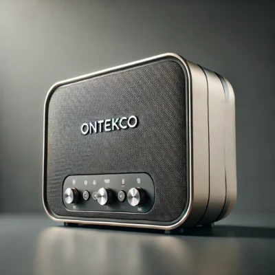 DALL·E 2025 03 10 14.53.50 A high end ONTEKCO portable speaker with a sleek and modern design showcasing refined details. The speaker has a premium metallic finish high qualit