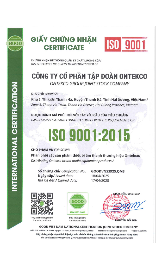 📈 Sau 3 Tháng Đạt ISO 9001:2015 – Ontekco Chứng Minh Vị Thế Trong Ngành Loa Kéo hát karaoke di động 1 Iso 9001 Ontekco