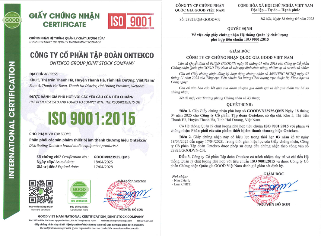 ONTEKCO đạt chứng nhận ISO 9001:2015 – Khẳng định chất lượng trong phân phối thiết bị âm thanh tại Việt Nam